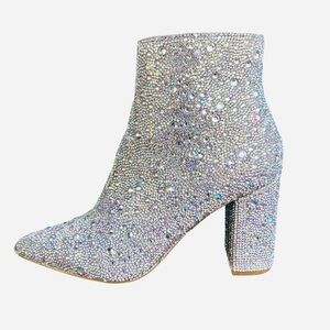 BETSEY JOHNSON Cady Ankle Boots Silver Rhinestones Pointed Toe
Block Heel Sz 5